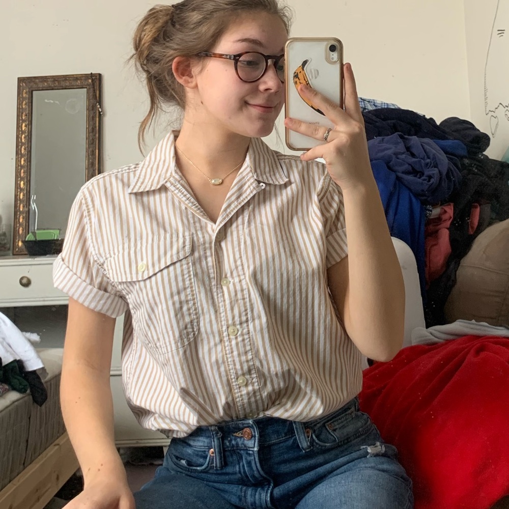 Tan and white button down